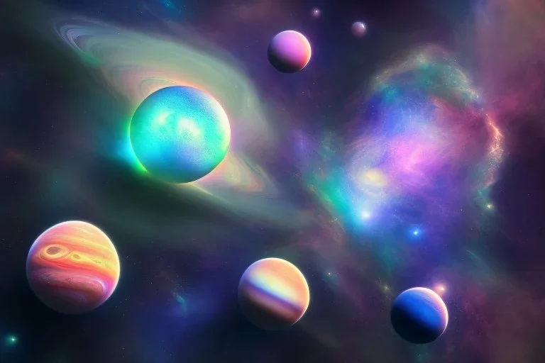 Jupiter, Saturn, nebula, , blue and green, high key lighting, volumetric light high details psychedelic background