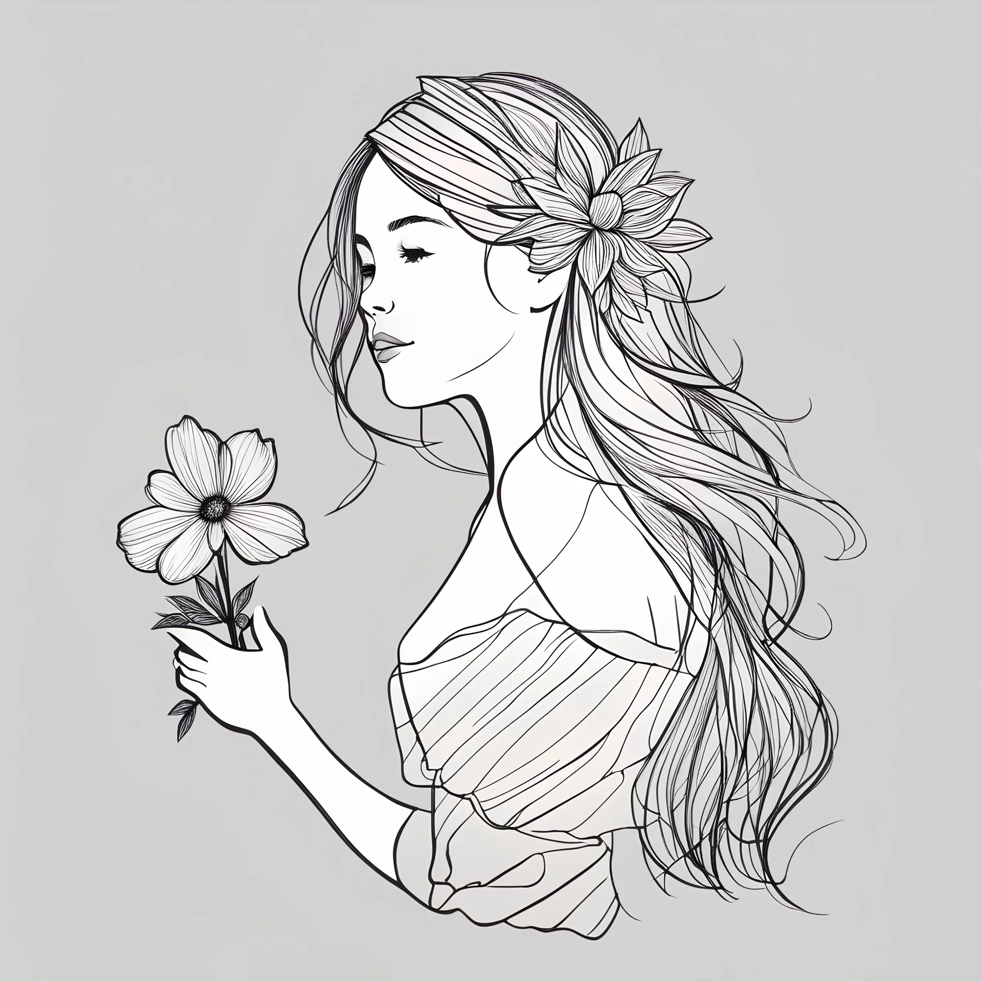 incomplete, haphazard pen line scribble, ephemeral clean outline art, girl holding a flower, clip art