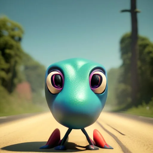 a cartoon alien driving a car down a road, a character portrait by Mike Winkelmann, featured on cgsociety, pop surrealism, rendered in cinema4d, daz3d, behance hd