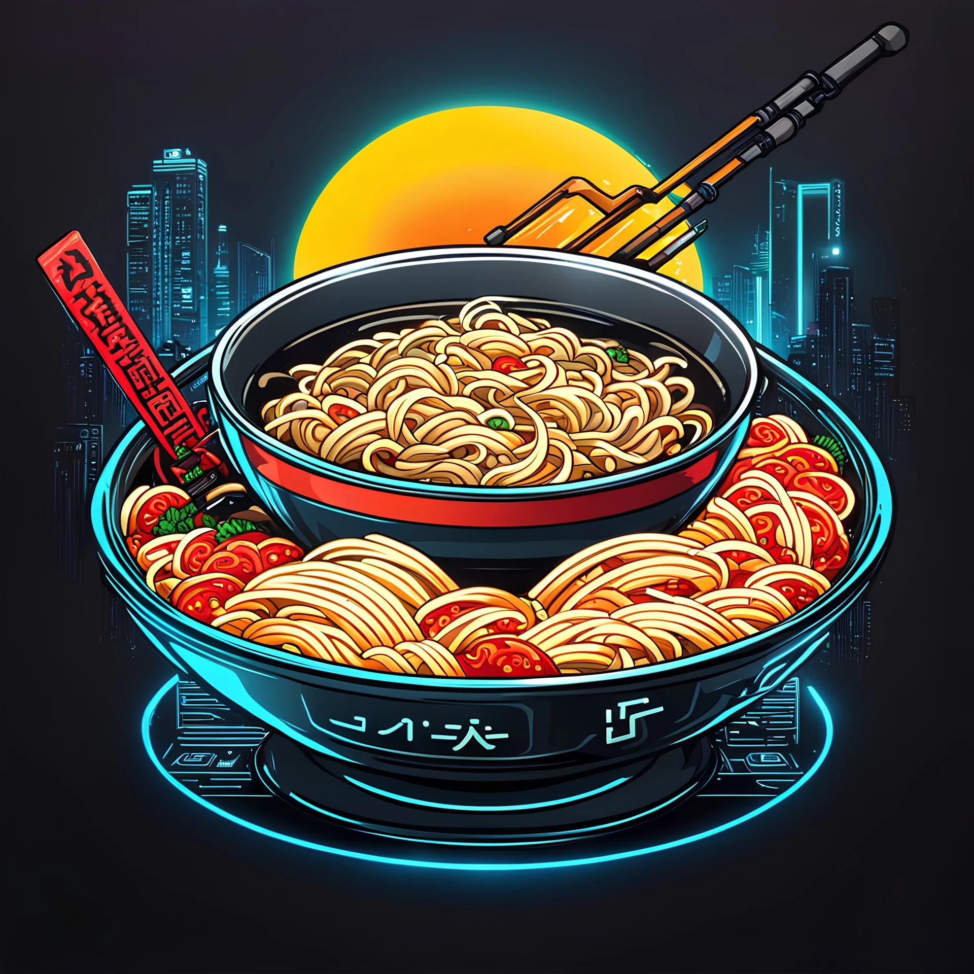 cybernetic ramen bowl. perfect logo for a cyberpunk video game.