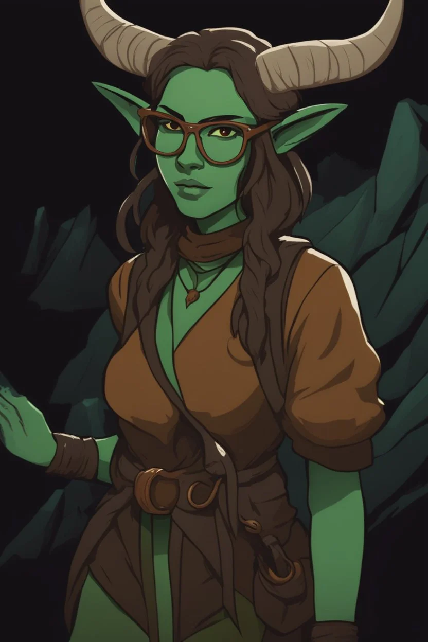 Dnd character with a long tail and small horns in a dark cave. A female Tiefling archeologist with light green skin, wearing glasses, in brown adventurer's clothes. Cunning, beautiful, cool.