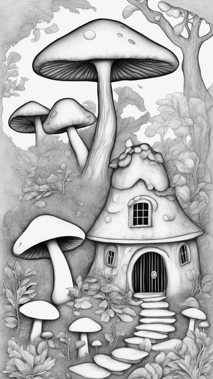 Mushroom Houses Coloring Book for Adults and Kids, Instant