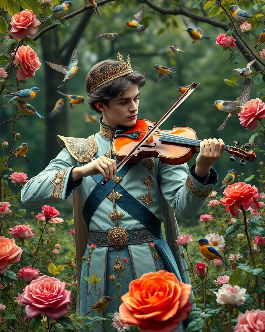 Gorgeous Photography Handsome Prince playing violinist in Wild garden,flower,birds surrounding,fractal ornamentation, over detailed, gloriously full and confusing, nothing that really exists, everything made up, fantasy world, sweet briar, photography graphic art, song birds, ochre rose,rose buds, dewy morning, forest of oaks