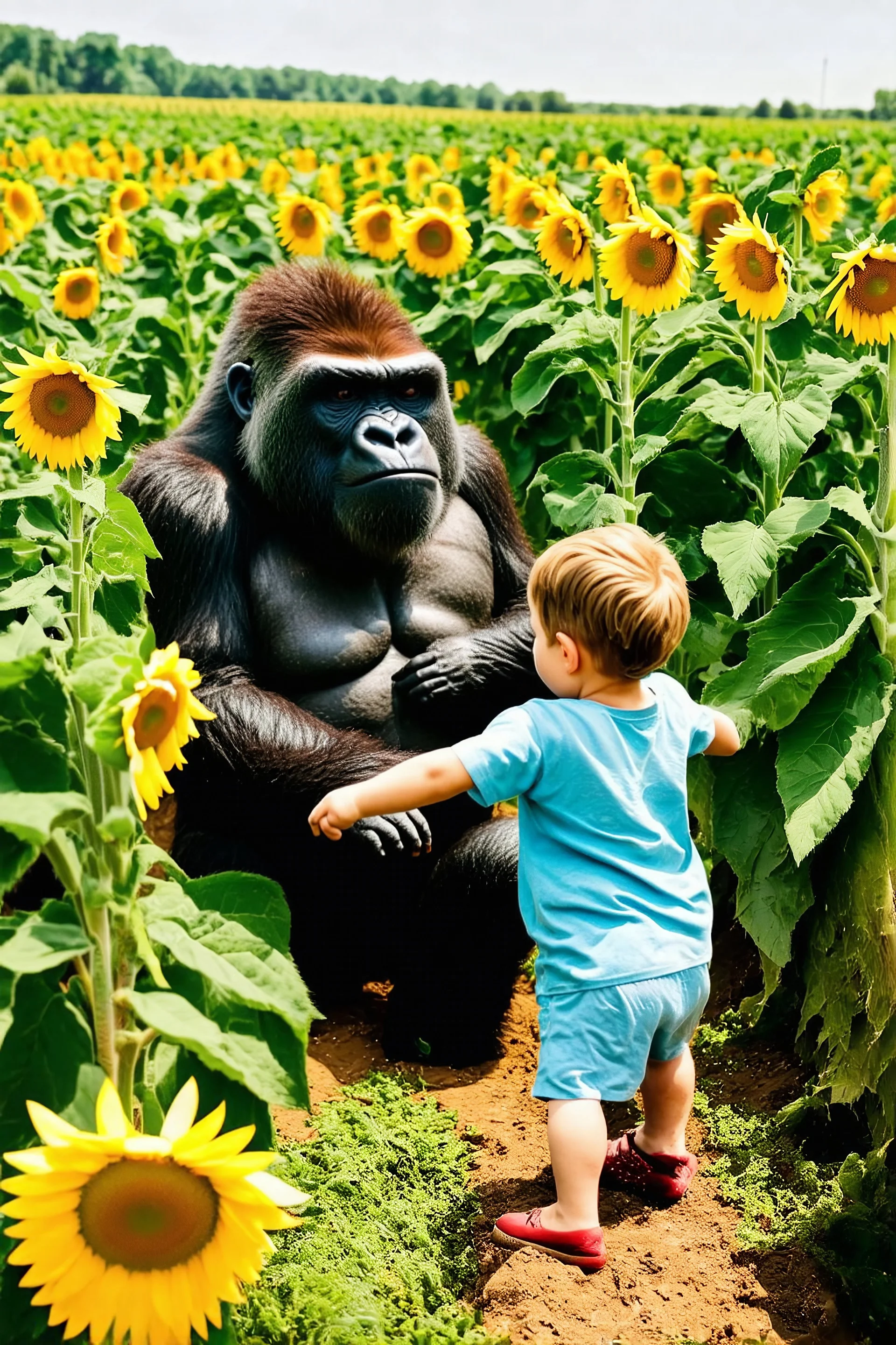 A child play with the s big gorilla among sunflowers farm the child is seems very happy while the gorilla been silly