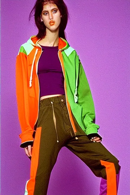 year 1999 women fashion, Techno, rave, Loose, straight, suit, low waist Combat pants, t-shirt, new kind of hoodie with high tippet! Colors: all denim colors, purple, khaki, light green, lilac, plum, orange, terracotta, red, pink, dark blue, beige. Patterns: lynx, balls, stripes. lynx belt. starling or owl prints. Women models. Sharon Stone, Sandra Bullock, Winona Ryder, Milla Jovovich, Big tennis shoes on. Latex, denim and leather e.g. in Leg warmers.