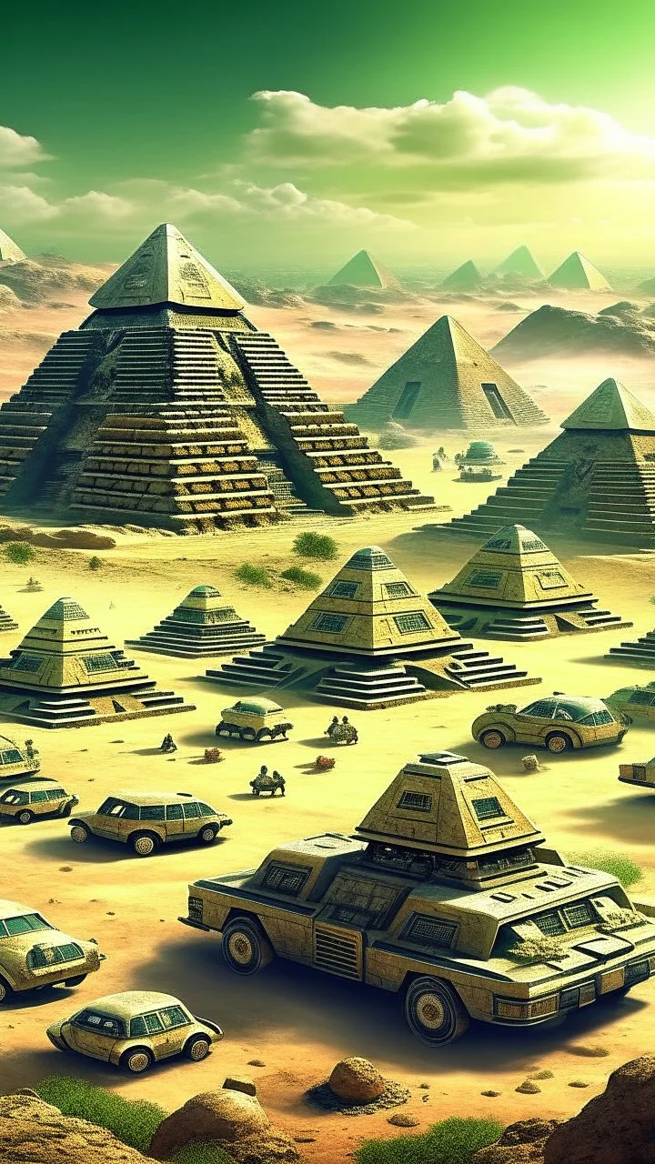 Ancient pyramids with homes around. People driving spaceships