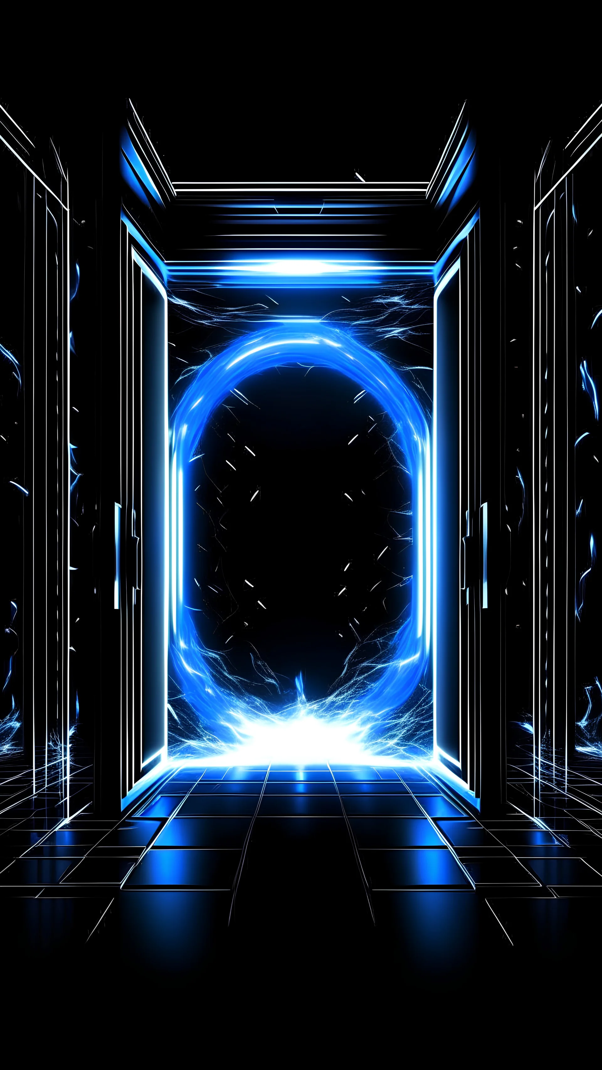 A electric, energetic, magnetic, full of energy, hyper realistic, multidimensional, glowing, prussian blue, lightning energy portal, gate, floating black space surrounded with energic particles