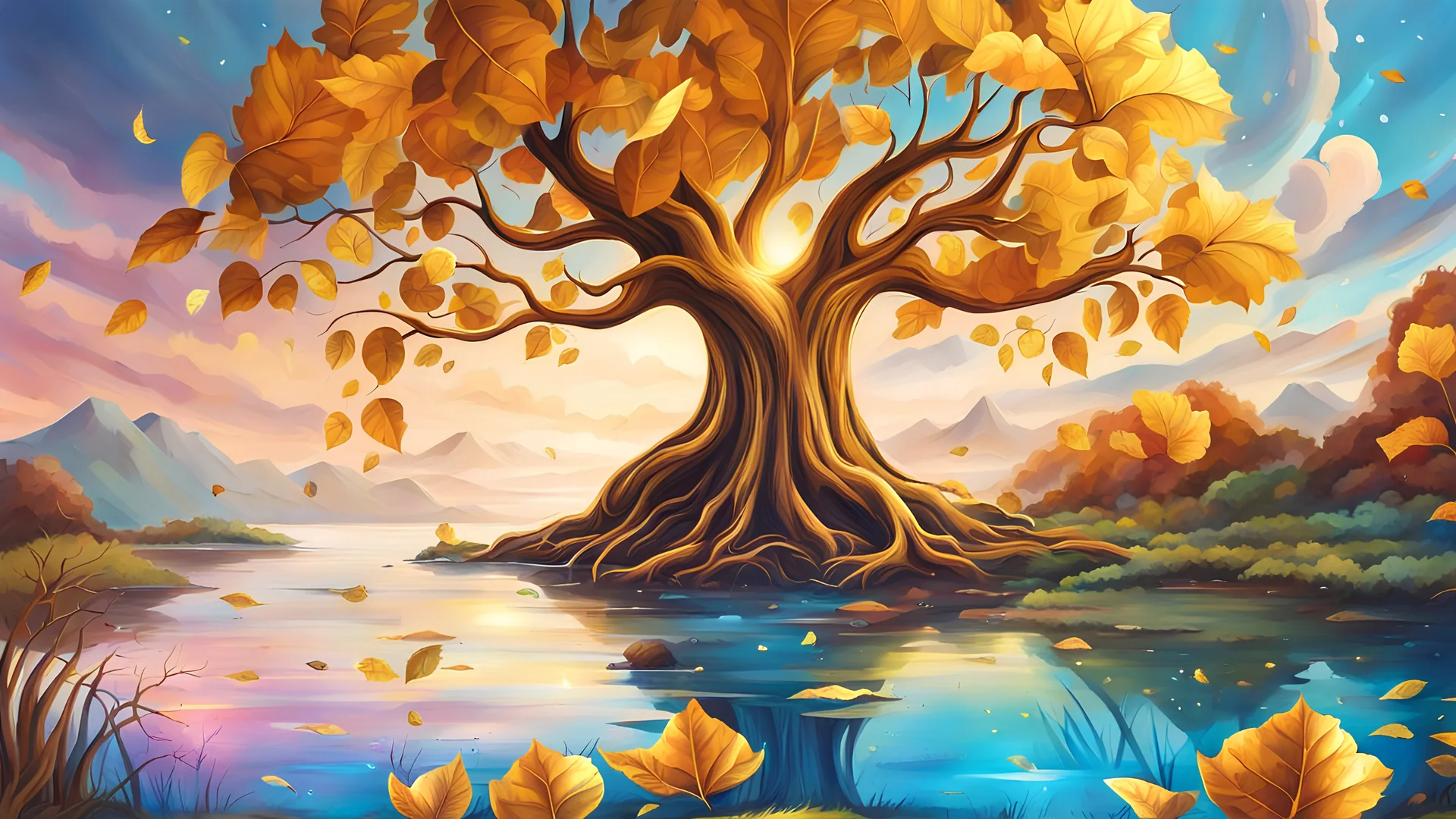 One large golden tree, king of trees, shiny metallic gold surreal leaves. artistic childrens book style.