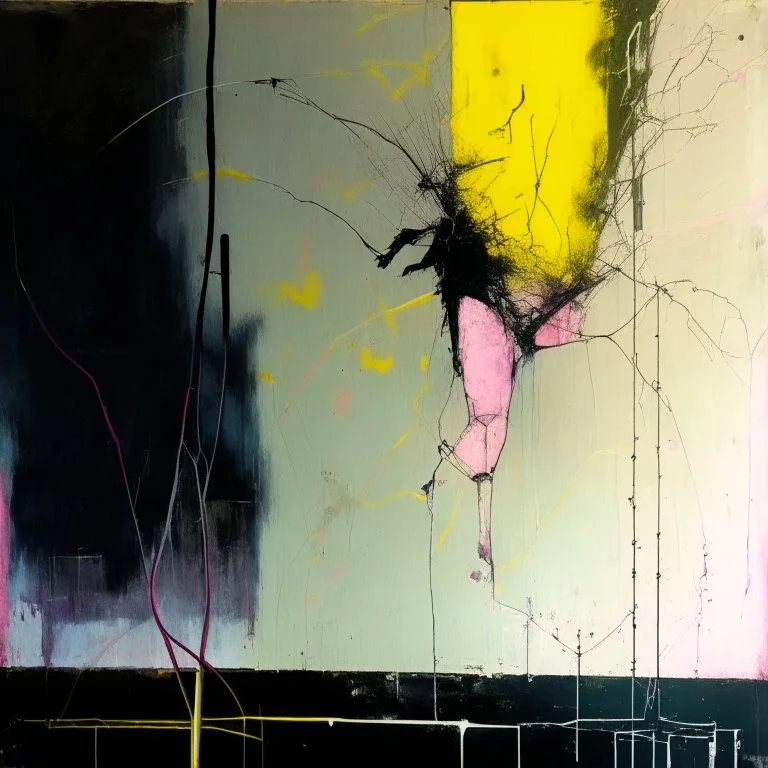 Minimal abstract oil painting of a falling person limbs sinew. Amongst concrete fragments brutalist architecture and hanging wires illuminated at night. In the style of Justin Mortimer and Phil Hale and Ashley Wood