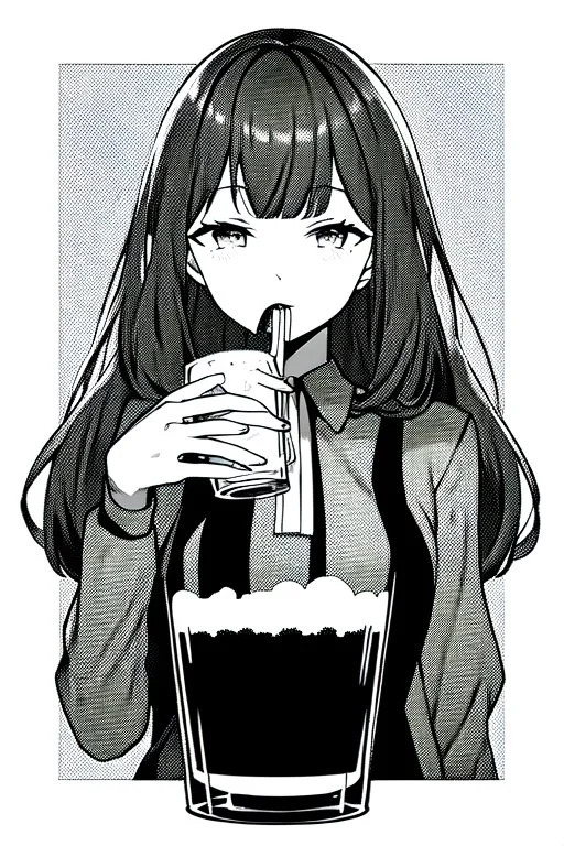 girl drinking a beer, line arts, greyscale