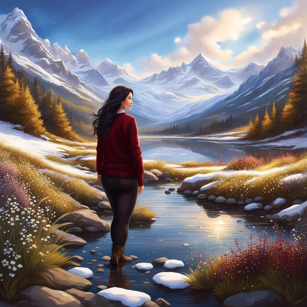 country side ,blue sky , snow on mountains, pretty clouds ,small rocky river with clear water small rocks in floor,wild flowers,beautiful Snow White, long shiny black curvy hair, wearing a burgundy sweater with the word Azerbeyjan written on it, in gold, work clothes, standing, super realistic Fairy lights, intricate detail, texture, depth, vividness, movement, namex, energy, bioluminescence, stunning, epic, ultra-detailed, 8K photography by Miki Asai Macro, close-up, extremely detailed, po