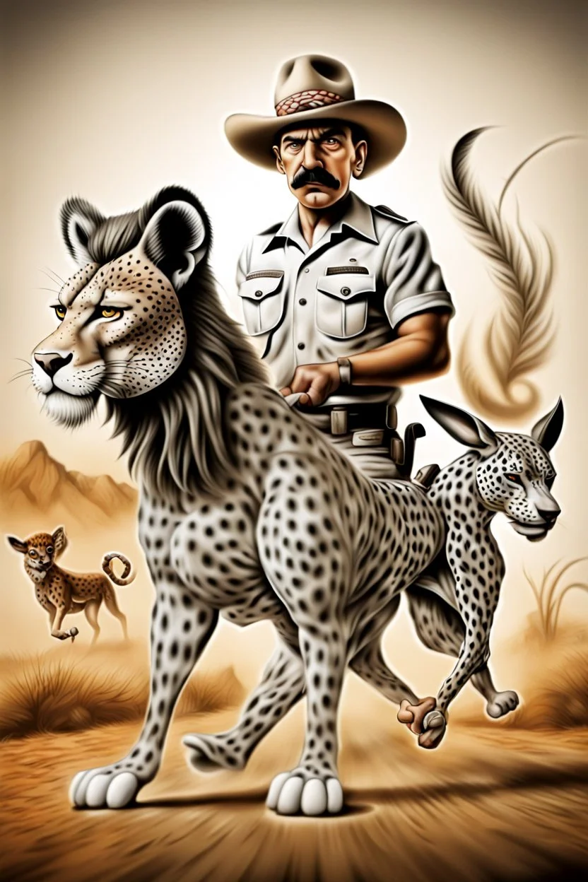 Mexican farmer Hitler on fast cheetah dog donkey lion snake, airbrush and pen outline, motion blurred background