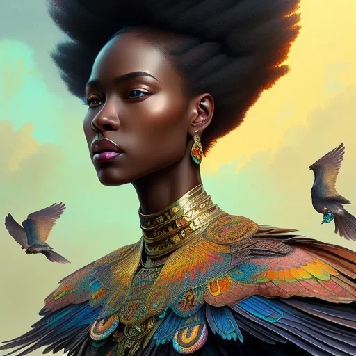 close up of black woman with birds, colorful, intricate, elegant, highly detailed, digital painting, artstation, concept art, smooth, sharp focus, illustration, art by artgerm and greg rutkowski and alphonse mucha