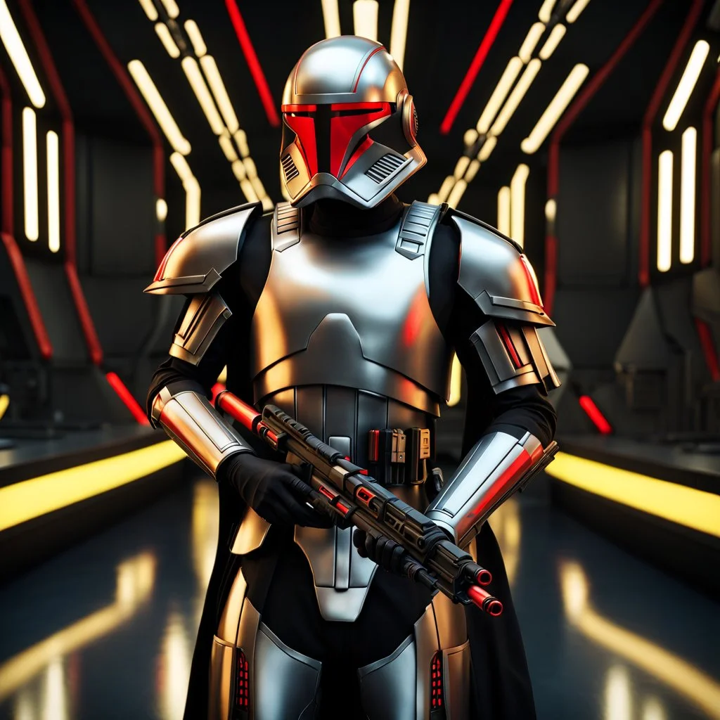 star wars bald male corellian pilot wearing pearlescent black and gunmetal grey First Order special forces heavy assault stealth commando armor and helmet with gold and red trim inside the jedi temple, hyperdetailed, dynamic lighting, hyperdetailed background, 8k resolution, volumetric lighting, light skin, fully symmetric details