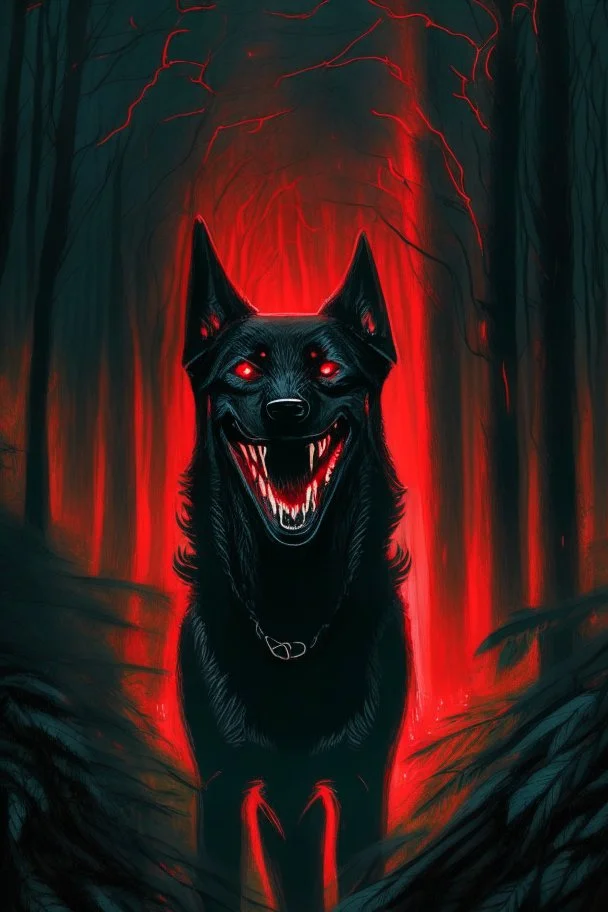 in the style of William Adolphe Bouguereau, a monstrous black hound with red, glowing eyes and sharp teeth, a wicked grin in a dark forest