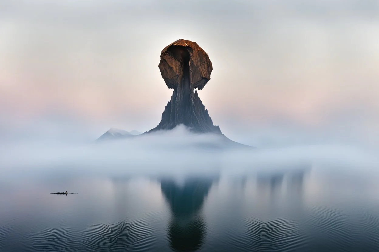 a broken half orb is split open and impaled upon the lone mountain peak