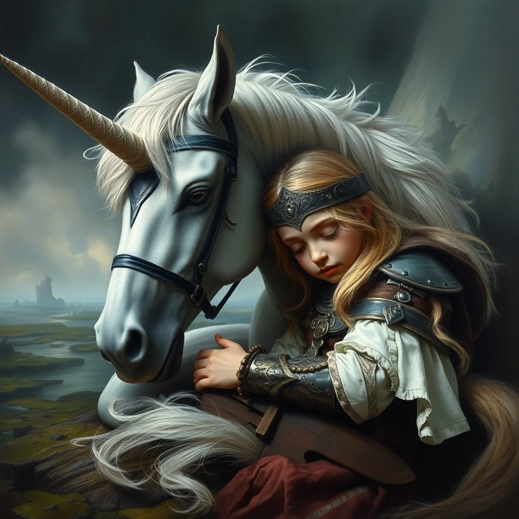 Stunning perfect matte oil painting, dark fantasy aesthetic, beautiful blonde 6-year-old warrior Princess adorned in battle gear sleeping against a fantastical long-haired unicorn that is protectively laying around her keeping watch, background is a fantastical swampy glade, ethereal textures, faint rainbow in distance, by Boris Vallejo and Julie Bell, sophisticated, dramatic