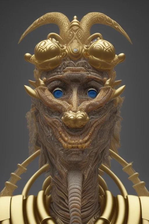 Aztec male African Egyptian alien, cracks in the voodoo head, wicked, eyes, crown, Elephant, 8k, finely detailed, photo realistic, tiger turquoise skull head gold dragon space alien snow skeleton gold hornytoad silver crown silver eyes