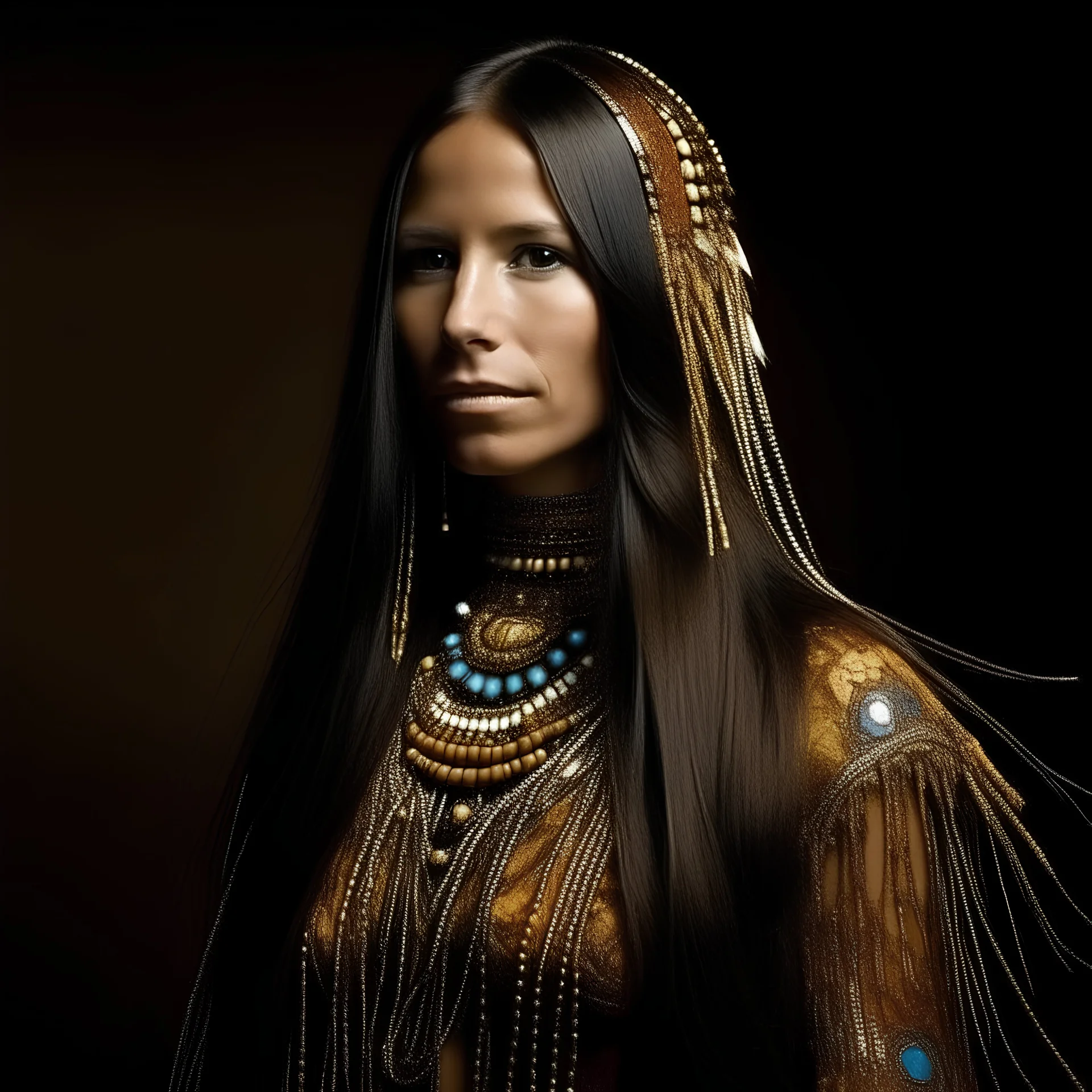 Native american woman, long hair made of ,gold and strass, sequins