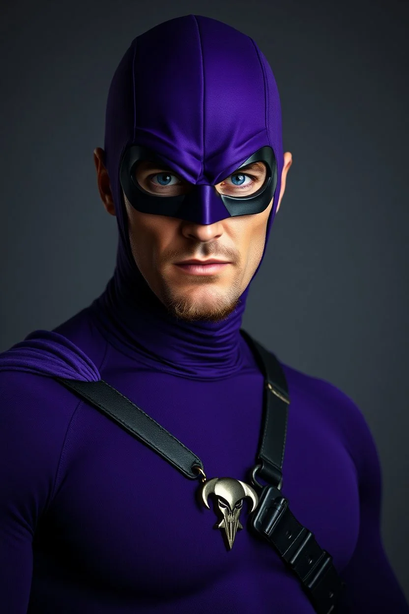 full-length, A portrait of a the Phantom, a man with piercing blue eyes, a chiseled jaw, goatee, timeless face, stern expression, Wearing a skintight formfitting purple cotton hero suit with a skintight cowl with a widows peak that fits tight to his head, but does not cover his face or his forehead , he wears a thin, black leather, bandit eye disguise over his eyes, black and blue diagonally striped trunks, dual-holstered pistol belt adorned with a triangle skull-shaped buckle, leg straps, boot