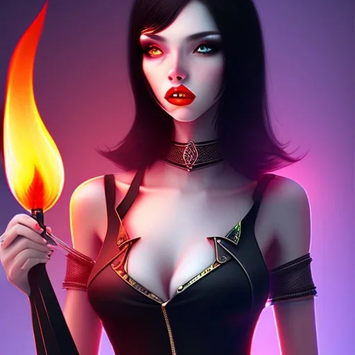 black hair lady hunter short top with fire