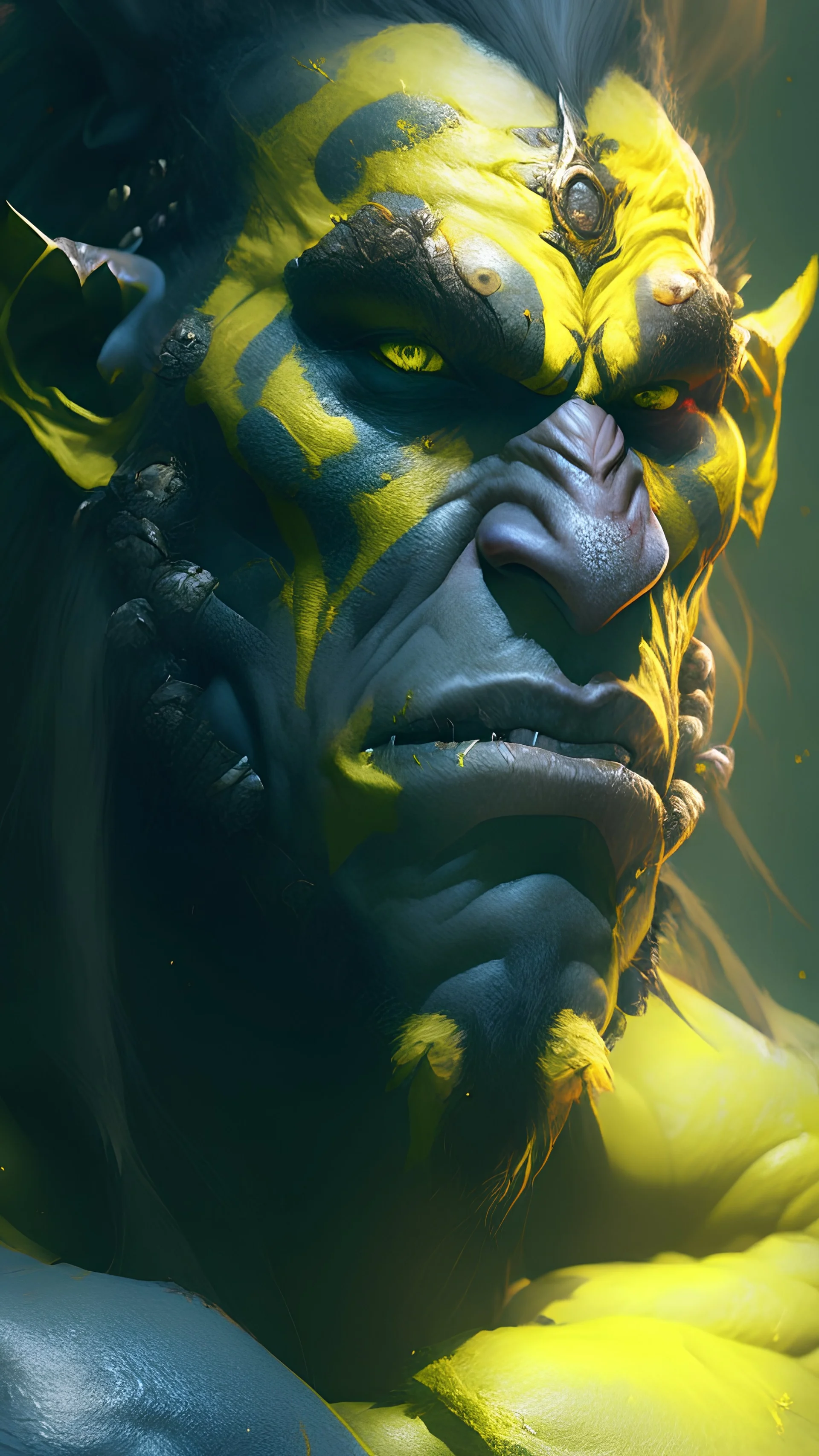 A Na'vi Ogre warrior with large yellow eyes, warrior painted skin, starring at the viewer, 8k resolution concept art portrait by Greg Rutkowski, Artgerm, WLOP, Alphonse Mucha dynamic lighting hyperdetailed intricately detailed Splash art trending on Artstation Unreal Engine 5 volumetric lighting, by Hajime Isayama