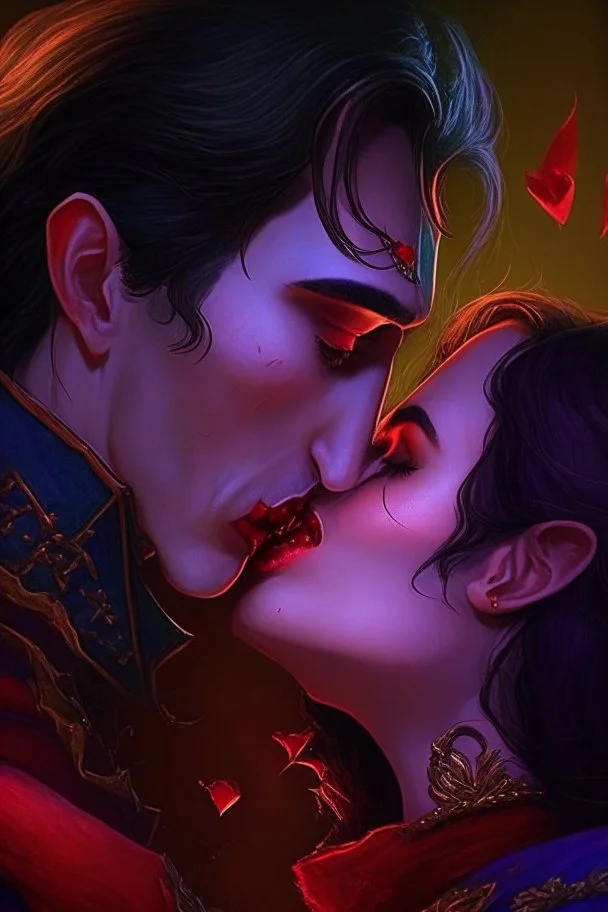 A couple from the dnd game curse of Strahd kissing, lips against lips