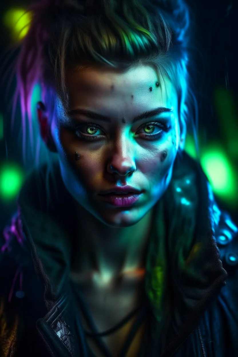 hyper real oil painting of cyberpunk Malkavian vampire portrait with clear blue-green eyes in spotlight feeling in control, zeiss prime lens, bokeh like f/0.8, tilt-shift lens 8k, high detail, smooth render, down-light, unreal engine, prize winning