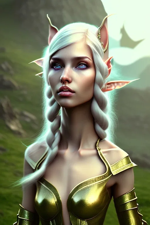 elven young woman, wearing light dress, visible cute femine face, luminous weather, field in the mountains, realistic 3d render, mortal kombat style, unreal engine