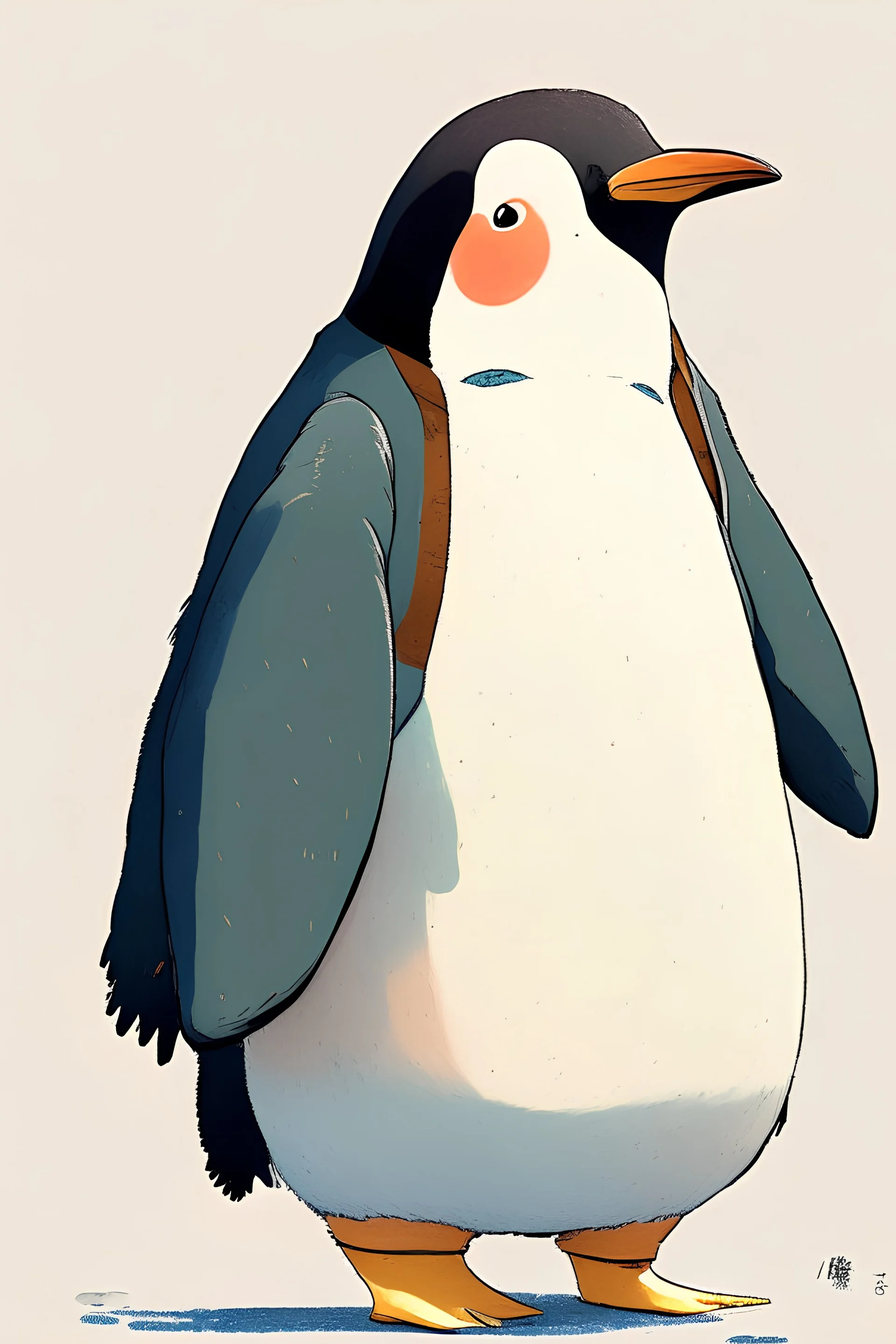 cheery penguin avatar full body in Hayao Miyazaki illustration