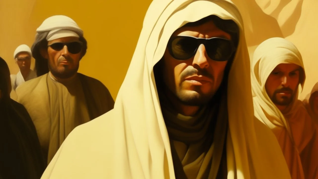 takistan life, oil painting. dr arab cover 1970, closeup dnd style. sunglasses, cape. lawrence of arabia. party.