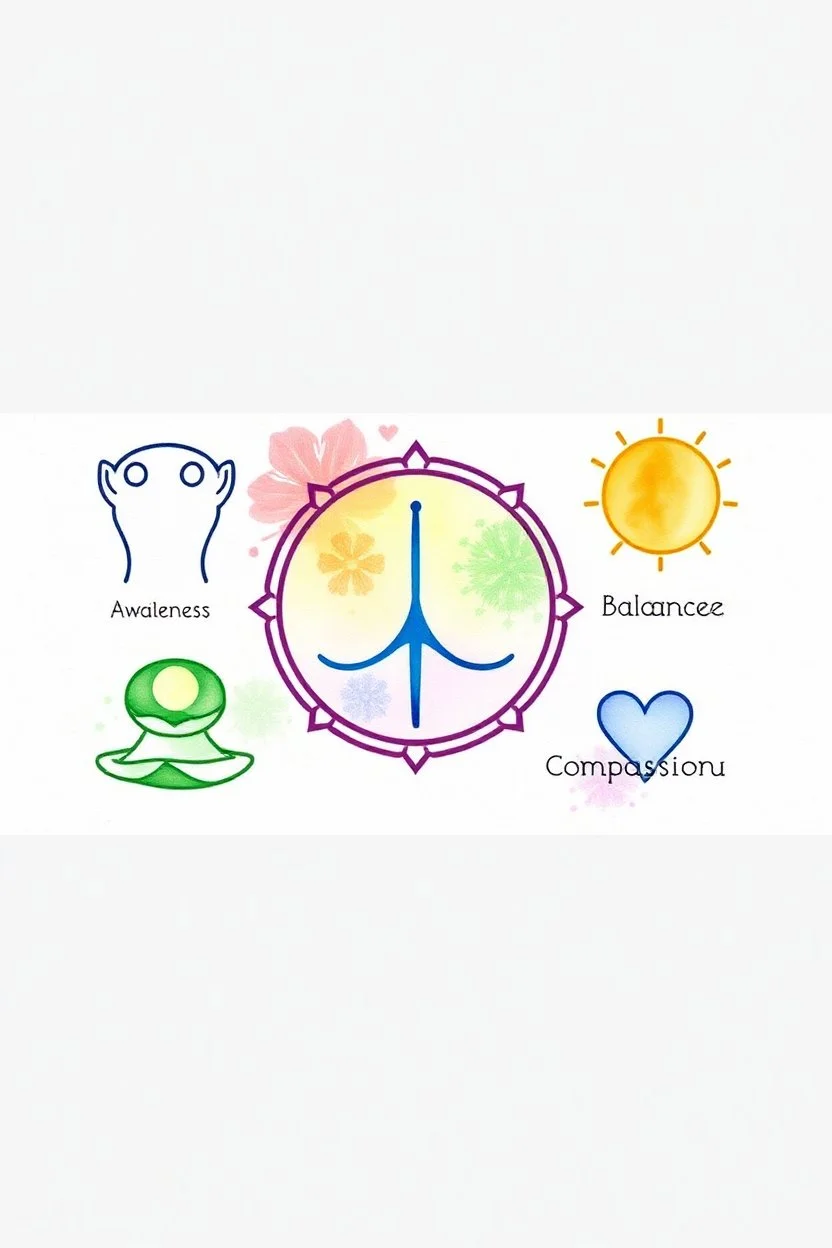 Self-Awareness, Resilience, Balance, Purpose, Compassion symbols pastel water colors
