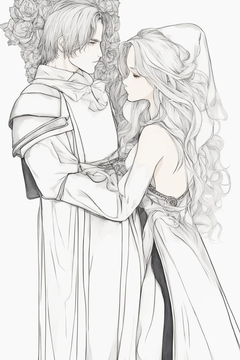 Couple from dnd kissing, woman with white hair wearing a dress, man with long black hair tunic and red cloak.