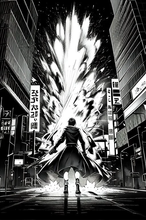 Explosion on the streets of Tokyo, greyscale