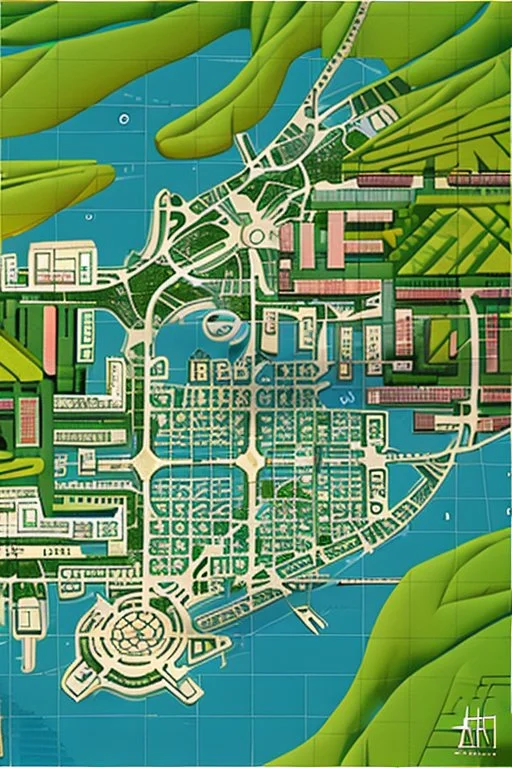 high detail map of an entire tropical dystopian small capital city