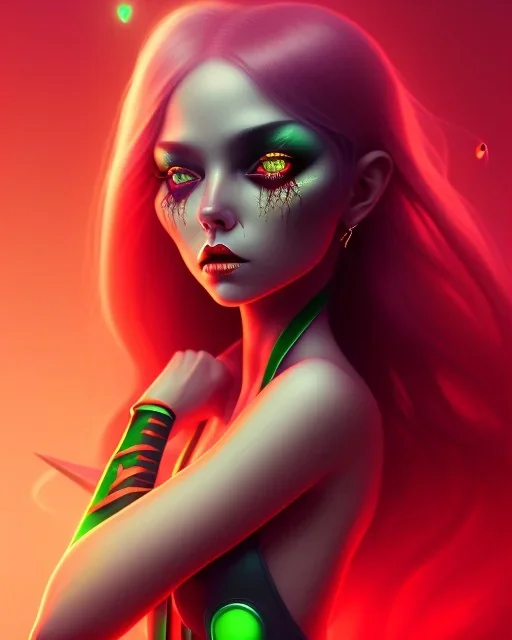 isometric art of a short Demon girl with black horns deep blood red hair and green eyes, deep lighting, harsh pastel gradients, high definition, 3d icon clay render, blender 3d