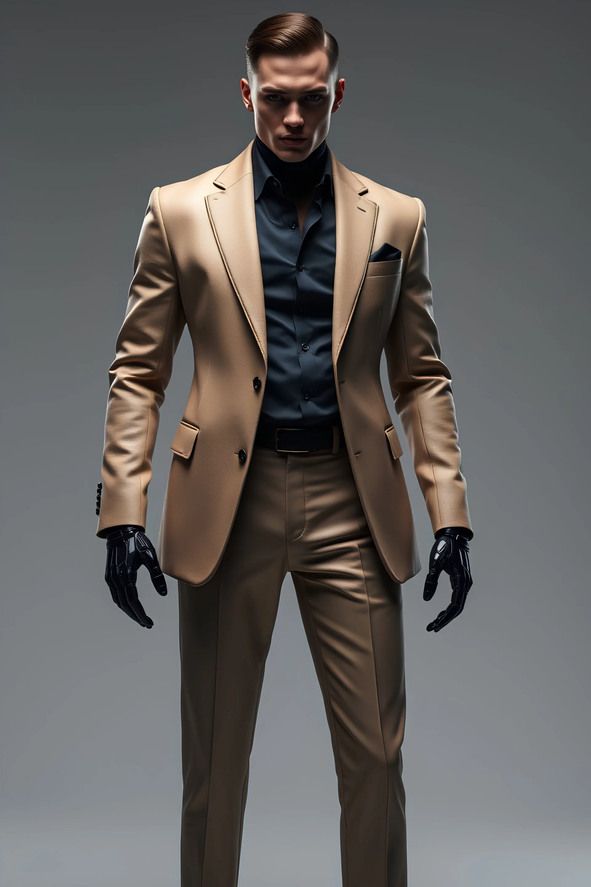 Create a full-body shot of a luxury men's outfit inspired by top designer brands. The outfit should feature a sleek, futuristic design with premium materials such as tailored leather and innovative fabrics. Include a sophisticated blazer with unique textures, matching slim-fit trousers, and an elegant shirt with subtle, high-tech details. Use a sophisticated color palette with monochromatic or muted tones. The model should be a futuristic, robot-like figure with flawless proportions and high-tec