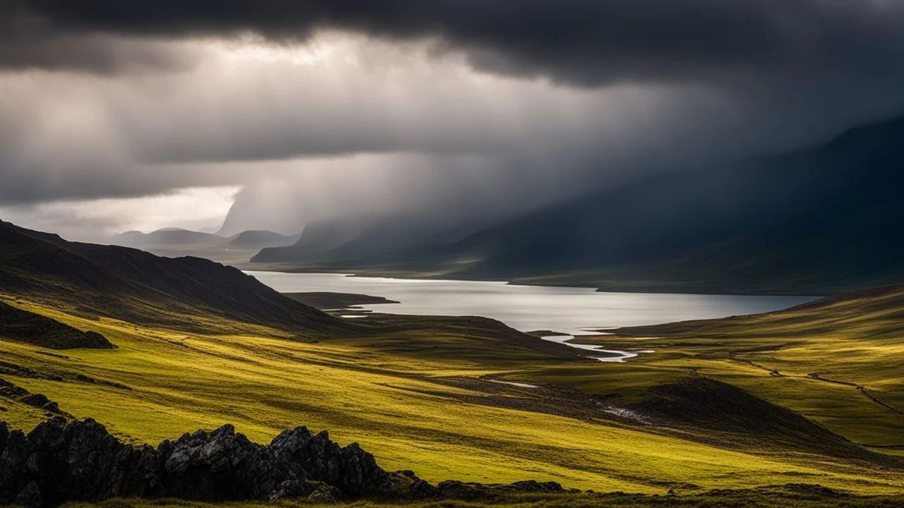 Mountainous landscape on Kerguelen island, dramatic sunlight, storm, inhospitable, wild, chiaroscuro, beautiful composition