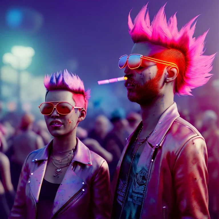 Ultra Realistic photo, medium shot view, drunken dancer women, carnival scene, steampunk. Pink hair, confeti, Sunglasses, smoking, happy, festival, red fog. highly detailed, concept art, unreal engine 5, ray tracing, RTX, lumen lighting, ultra detail, volumetric lighting, 3d, finely drawn, high definition, high resolution.