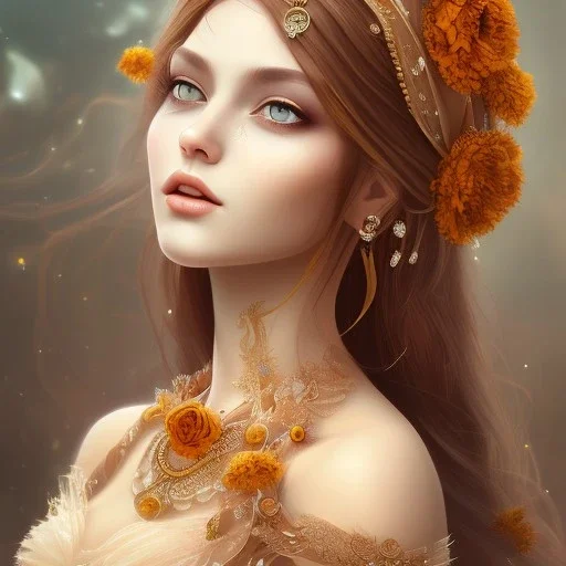 marigold goddess, beautiful face, long dress, brown hair, nordic