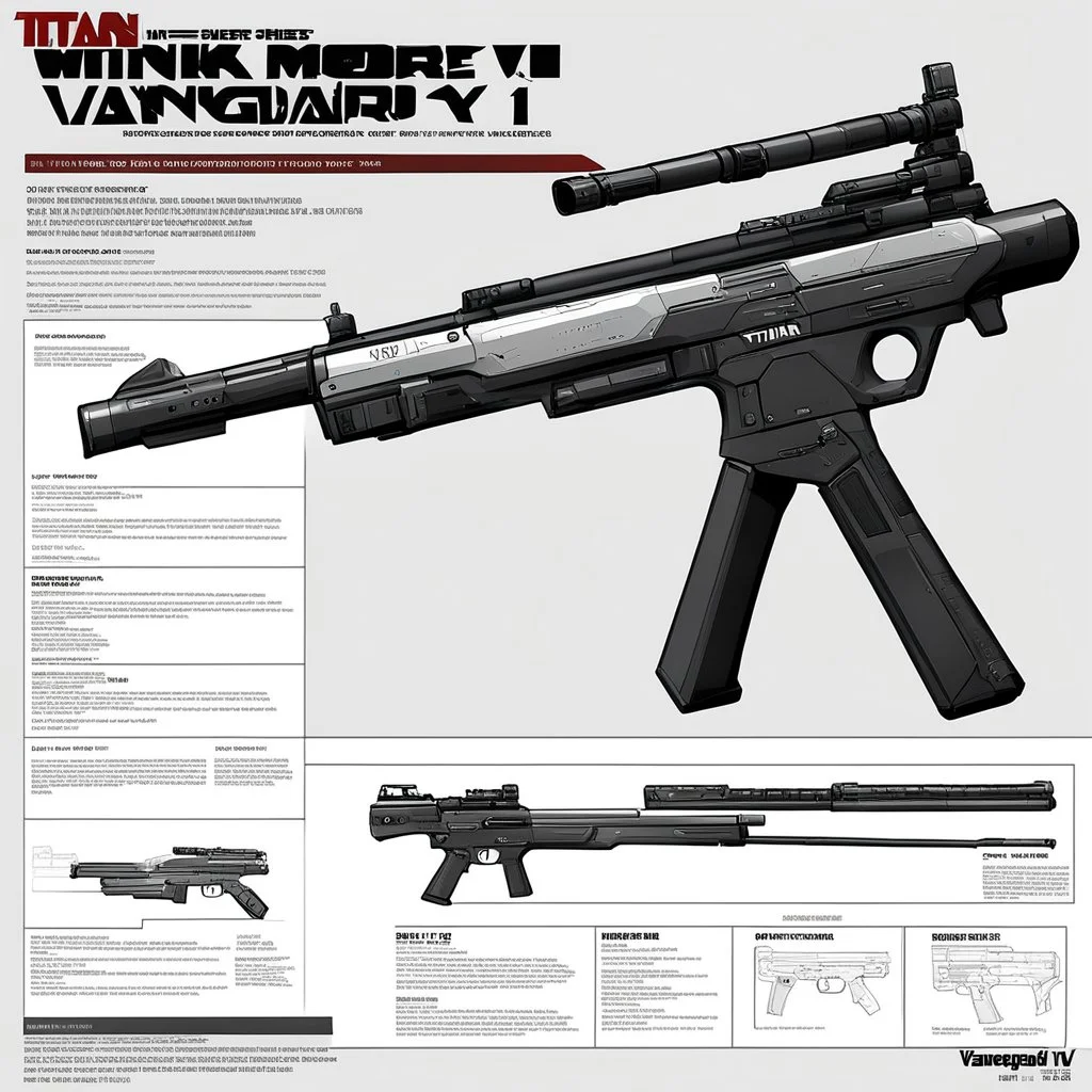 ConceptSheet for wii No More Heroes style with thick lines: A document showing The Titan Mk IV Vanguard is a state-of-the-art battle rifle designed for elite military units operating in high-stakes and off-world environments. Its robust construction, advanced targeting systems, and modular design make it a versatile and powerful weapon on the battlefield.