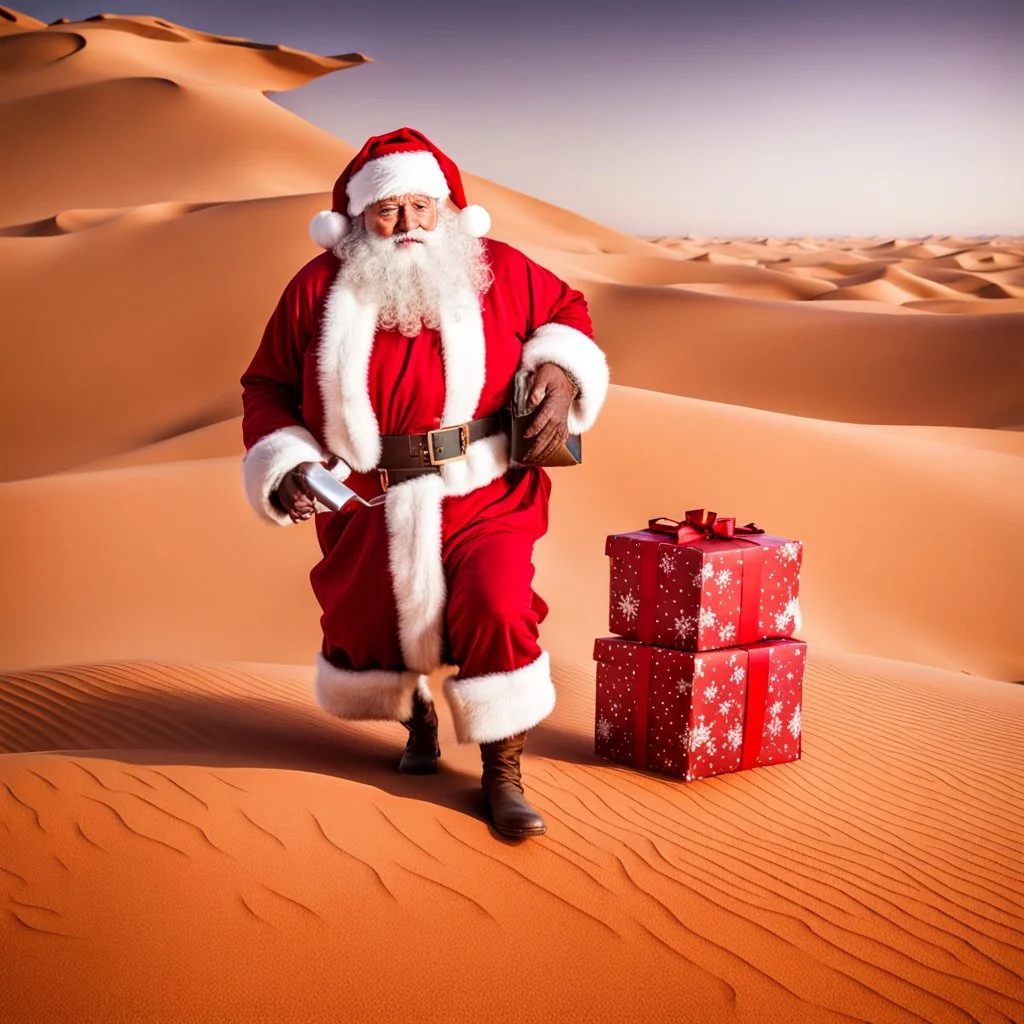 Santa Claus delivering presents in the Sahara Desert