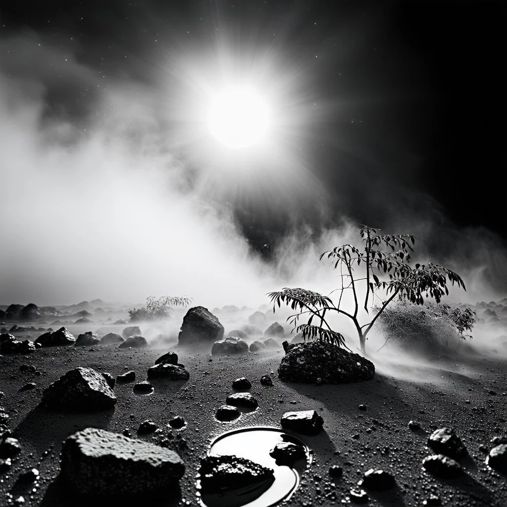 A striking quality Ilford photograph captures a wasteland with liquid and stars, Amano, Audubon, Max Ernst, creepy, details of the dust and liquids very accentuated, glossy organic mass, vegetation, adorned with minerals and rocks. Bathed in intense light, eerie, Max Ernst style, white sun, fog