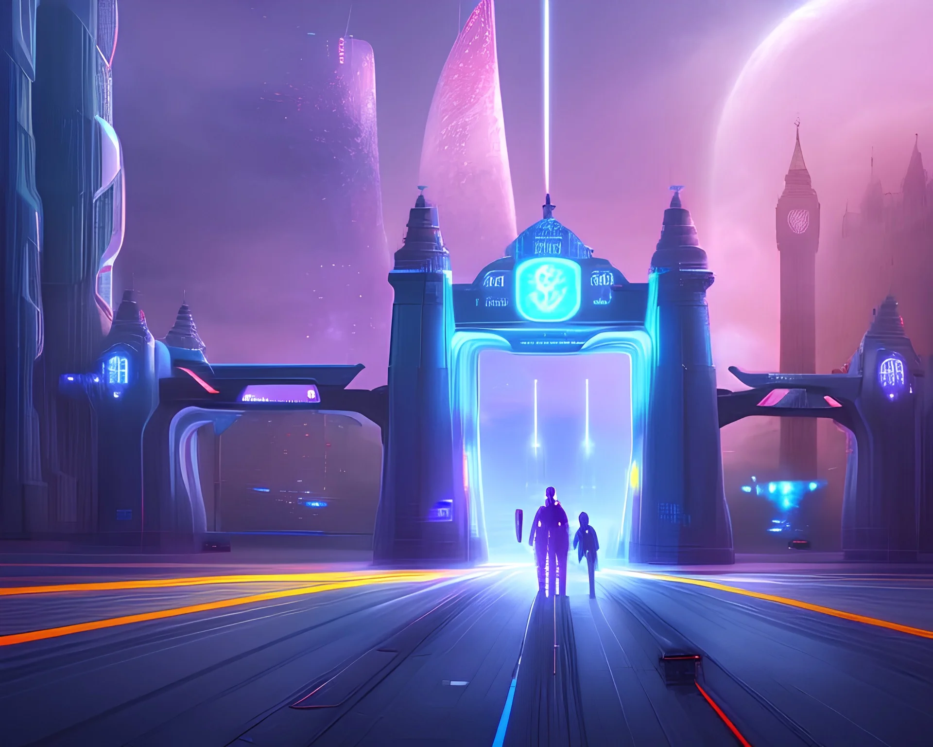 futuristic landscape of the tower gate in london, flying cars, robots, a couple walking their dog, blue and purple neon