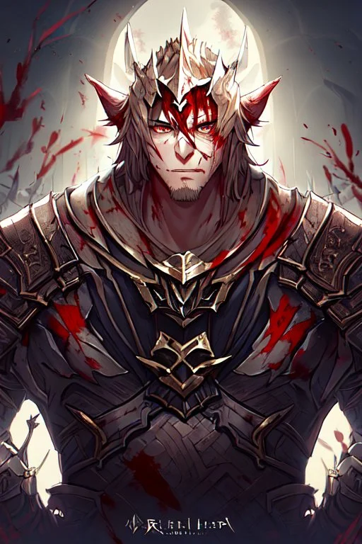 Armored Male Blood Knight Elf by manhwa or korean webtoon style there are lightning and blood spurts around the man, his face pointed at the camera, and with a serious look he lets his opponent know that it's his turn