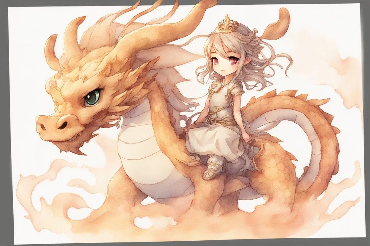 a cute anime chibi princess sitting on a wild chinese dragon and dynamically riding it, melting watercolor and black ink outlines on wet paper, soft, shading strokes, in sunshine, ethereal, otherwordly, cinematic postprocessing, bokeh, dof