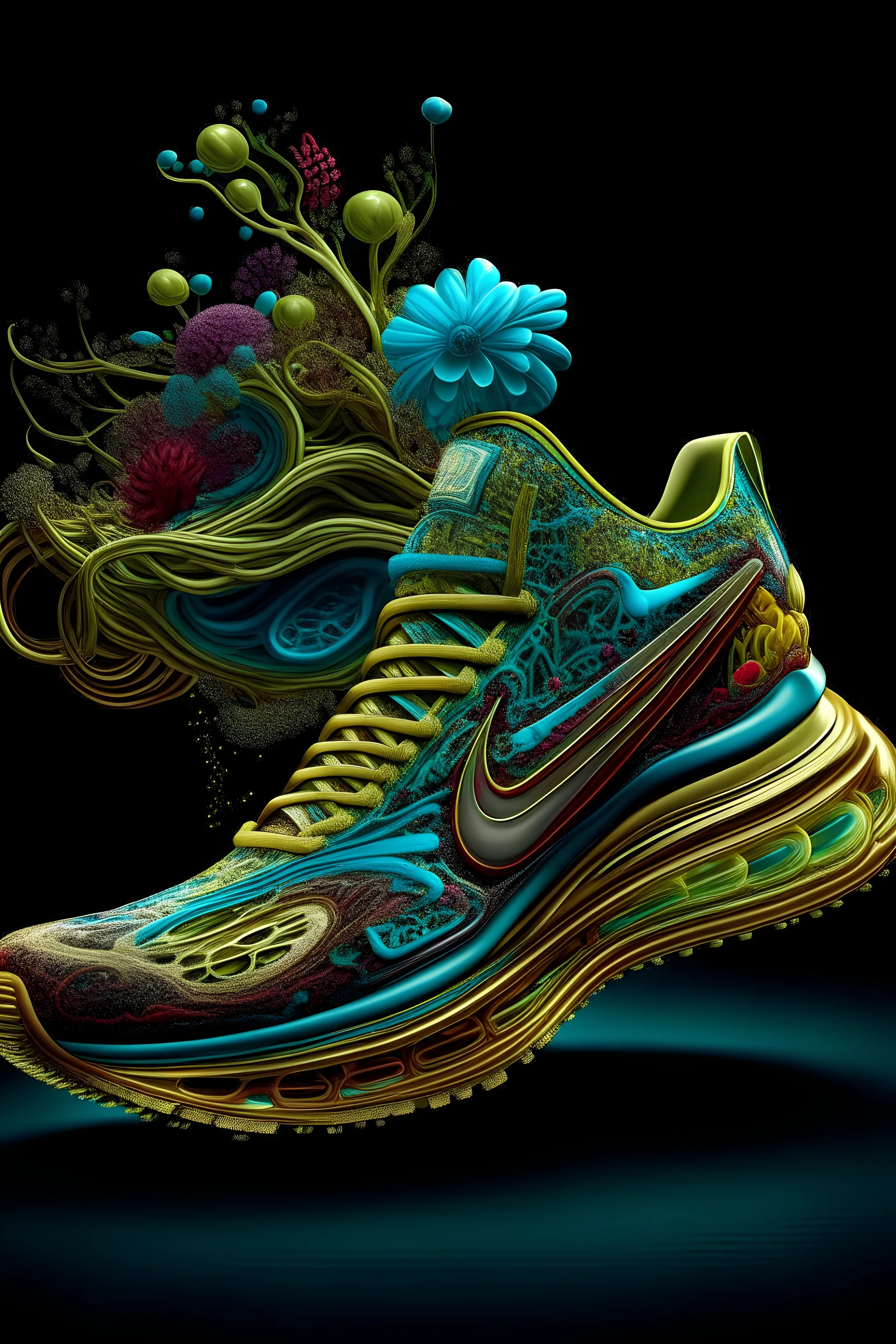 a stunning interpretation of Nike shoe sneaker, made of jellyfish, advertisement, solarpunk, highly detailed and intricate, golden ratio, very colorful, hypermaximalist, ornate, luxury, high heels, futurist, vanguard, style Dior