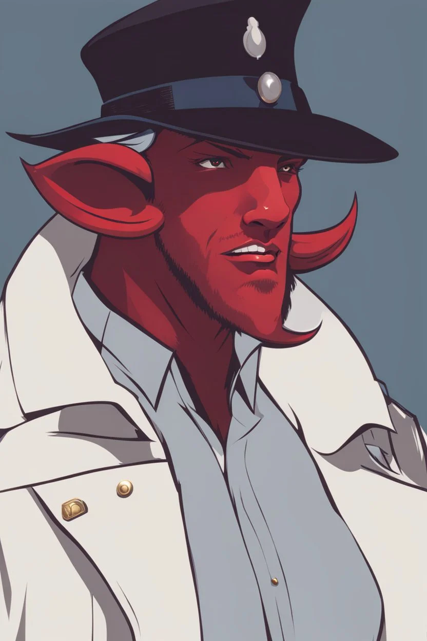 A red tiefling wearing a police comisioner outfit.