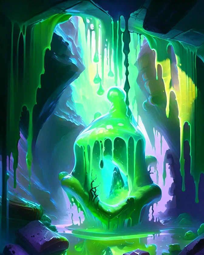 a slimy dripping gelatinous cube in vast cavern room painterly