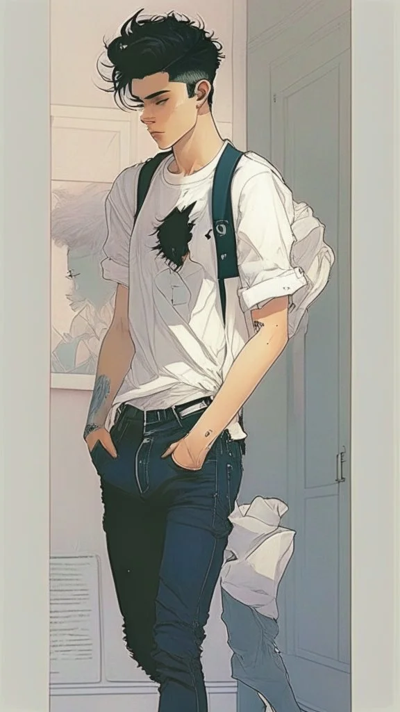 Teen man, black hair, perfect face, style of tomer hanuka, jeans, white, t-shirt, pompadour